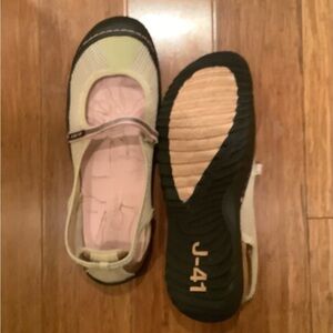 J-41 Sage Green Flats with Black Trim and Velcro Strap